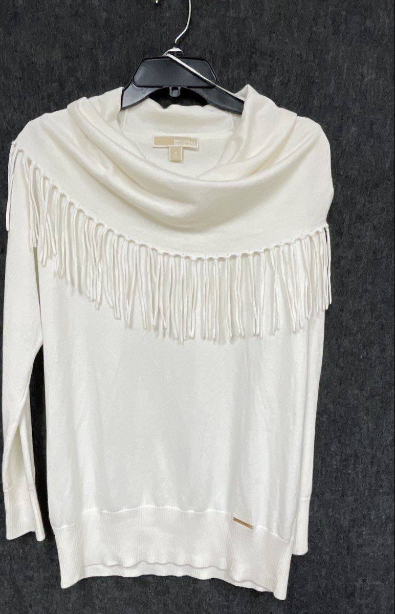 Michael Kors Women's White Fringe Cowl Neck Long Sleeve Sweater Size M