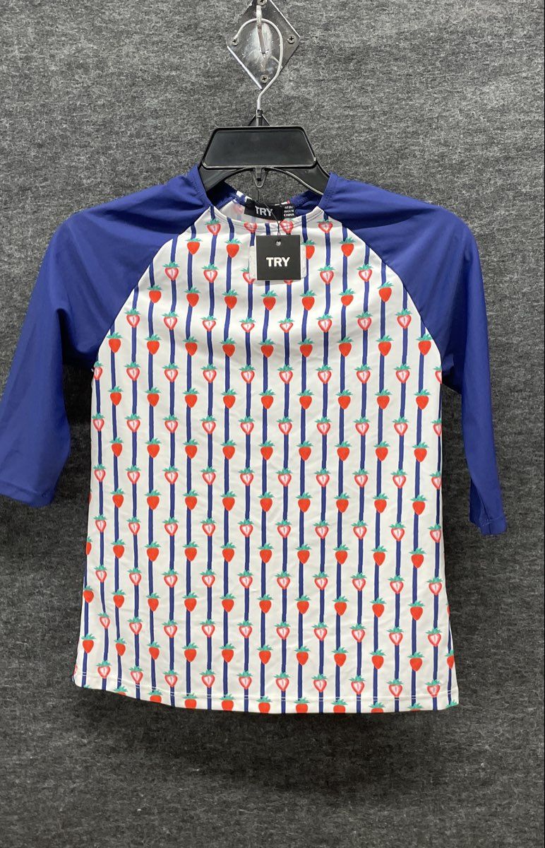 TRY Girls Navy Strawberry Fruit Print Rash Guard Swim Top Cover Up NWT Sz 14