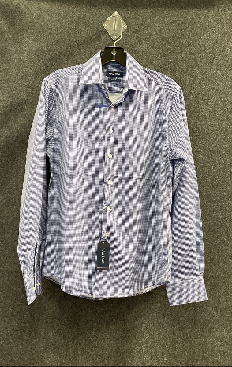 Nautica Men's Blue White Check Slim Fit Stretch Button Down Shirt Sz S NWT
