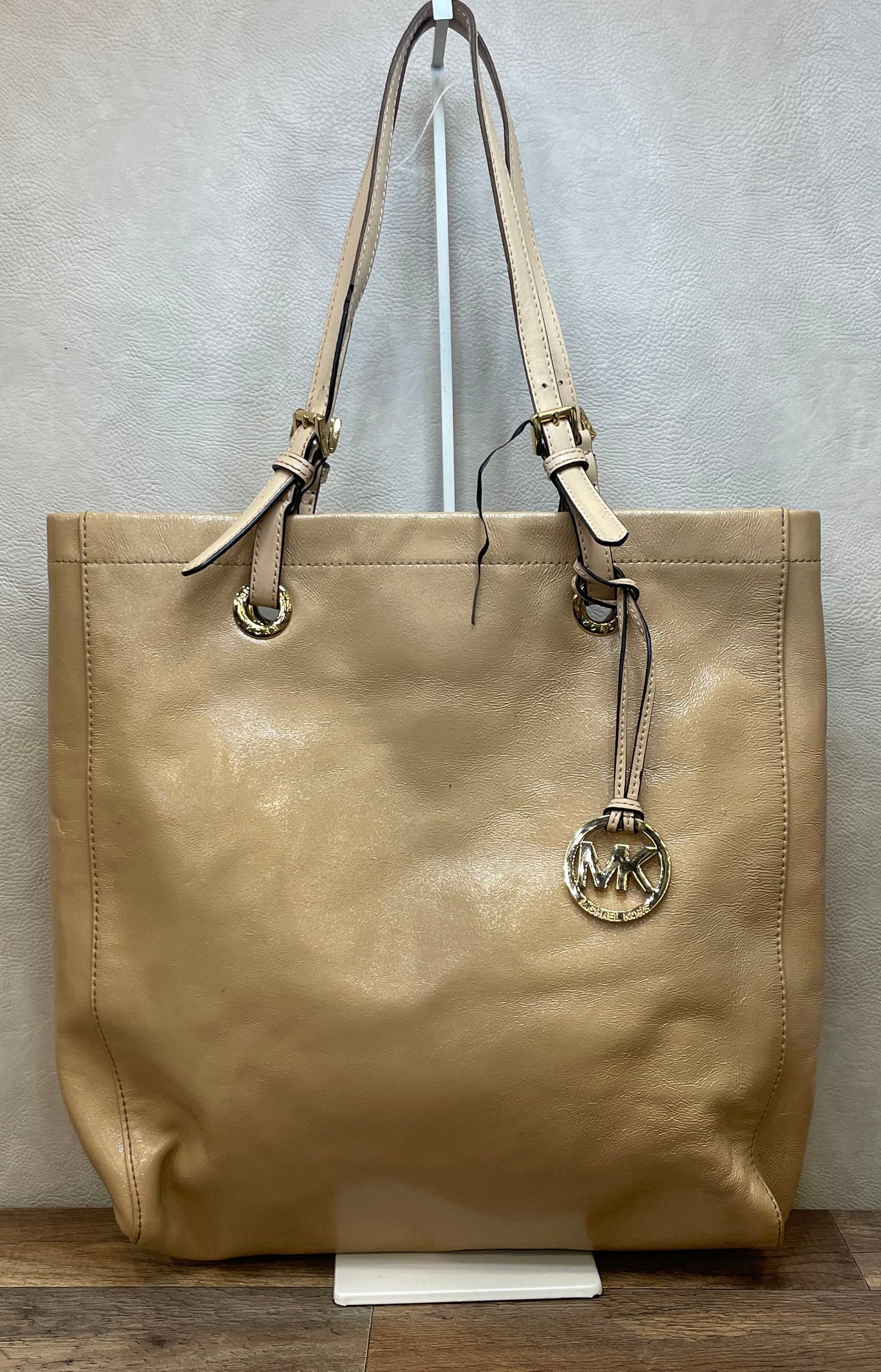 Michael Kors Beige Large Logo Charm Shoulder Tote Bag Gold Hardware