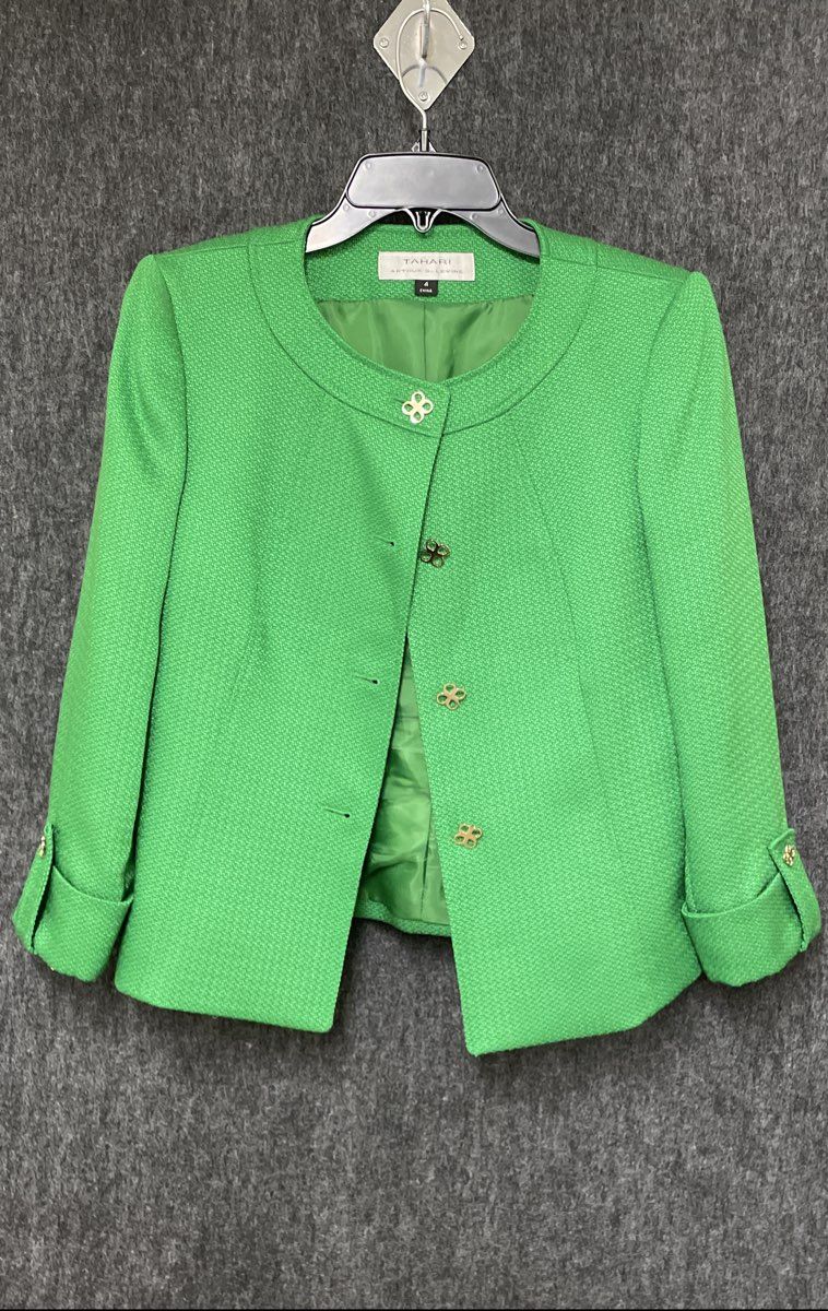 Tahari by Arthur S. Levine Women's Green Textured Collarless Blazer Jacket Sz 4