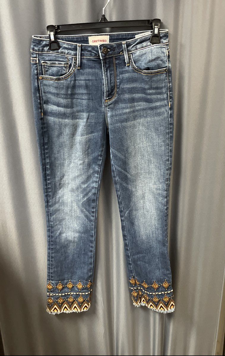 Driftwood Women's Colette Blue Embroidered Beaded Ankle Jeans Sz 26x26