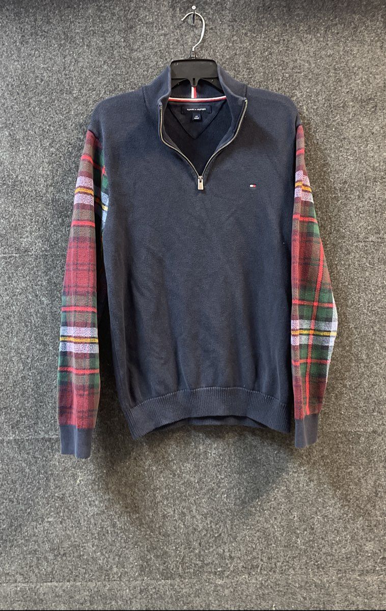Tommy Hilfiger Men's Navy Blue 1/4 Zip Sweater Plaid Tartan Sleeves Cotton Sz L