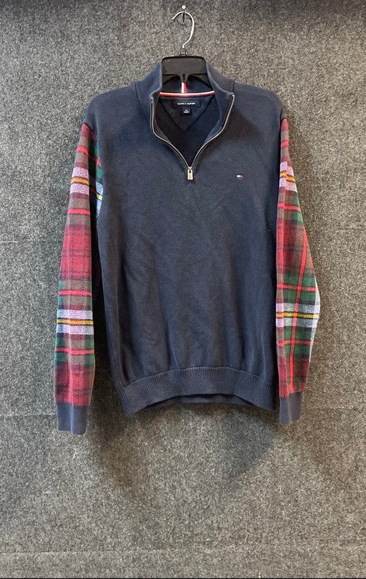 Tommy Hilfiger Men's Navy Blue 1/4 Zip Sweater Plaid Tartan Sleeves Cotton Sz L