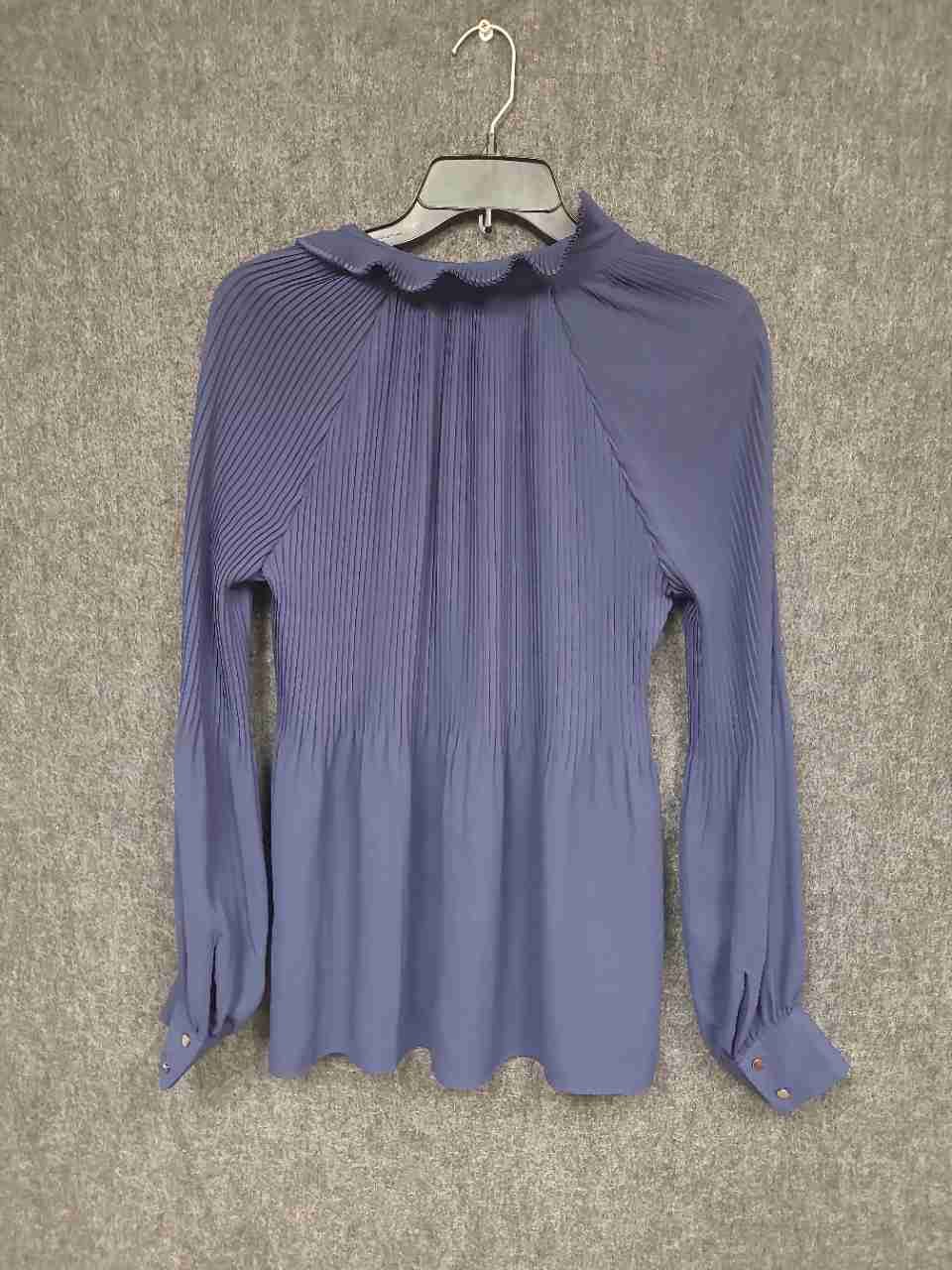 Banana Republic Women's Blue Micro Pleated Tie Neck Ruffle Blouse Petite Sz S