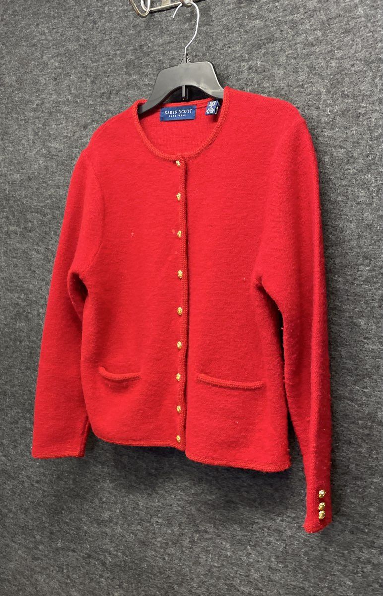 Vintage 90s Karen Scott Women's Red Pure Wool Cardigan Gold Crest Buttons Sz M