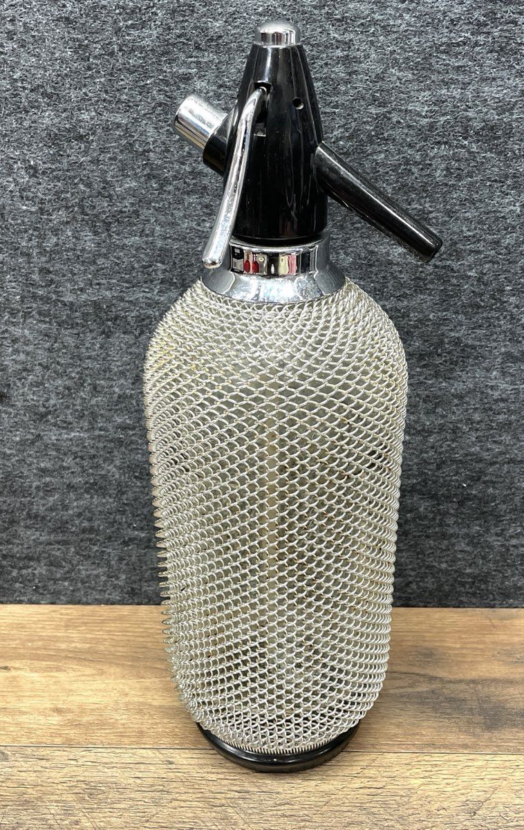 Vintage Mid-Century Seltzer Bottle Soda Siphon Wire Mesh Glass Barware