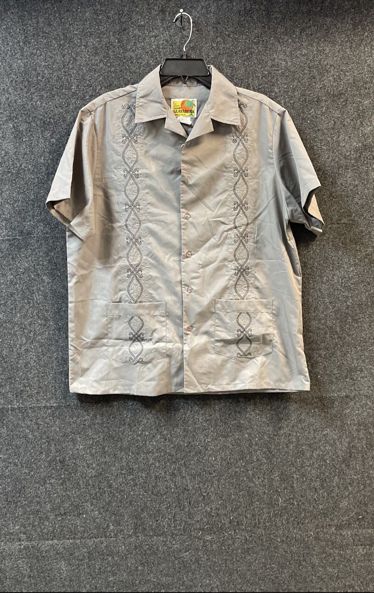 Haband Men's Grey Short Sleeve Embroidered Guayabera Shirt Sz M