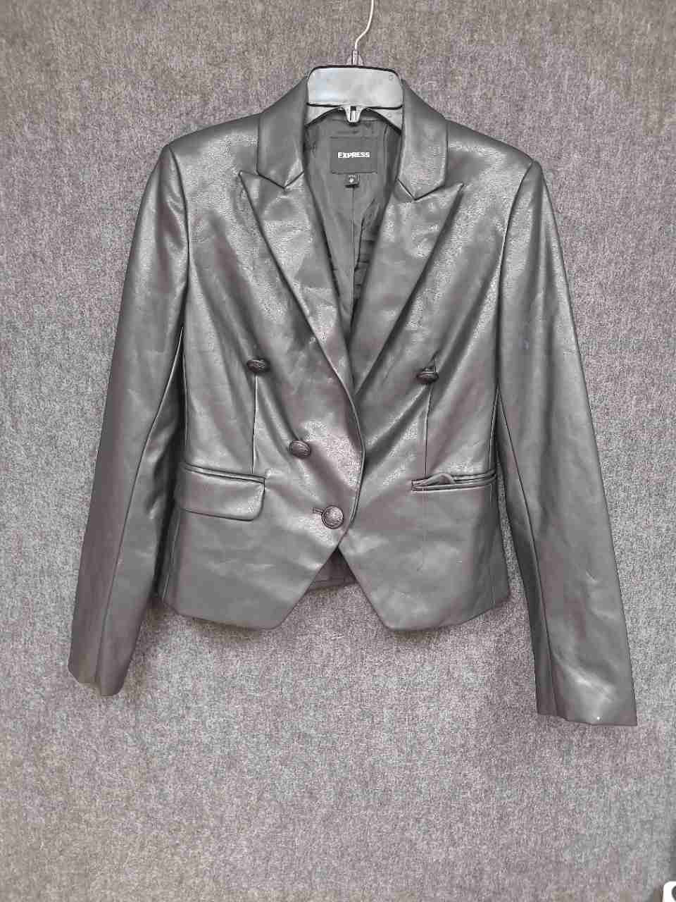 Express Women's Metallic Charcoal Gray Faux Leather Double Breasted Blazer Sz XS