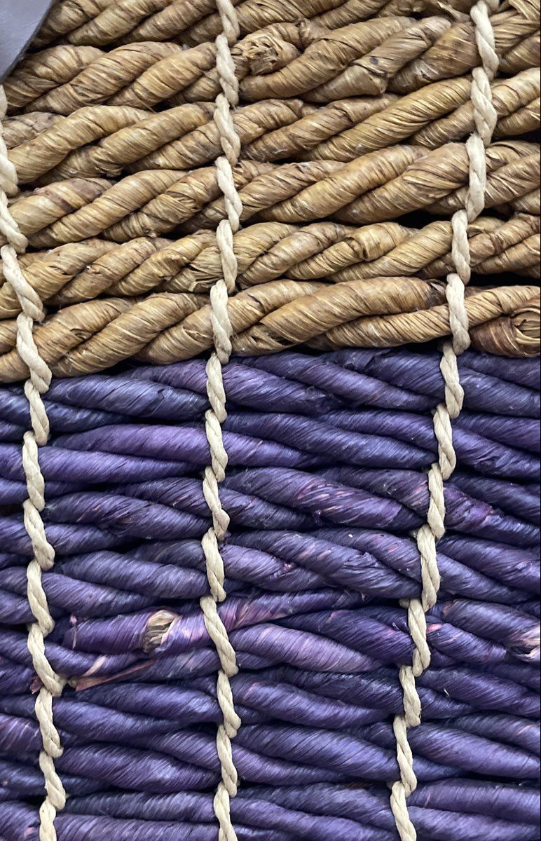 Tan and Purple Woven Straw Wicker Basket Tote Bag Wood Toggle Closure