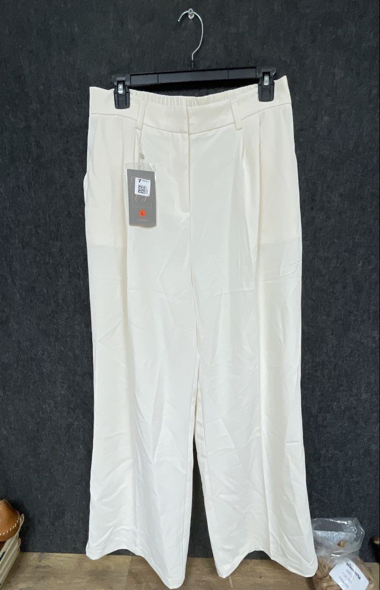 FUNYYZO Women's Ivory Wide Leg Trousers Pants High Waist Pleated Front NWT Sz L