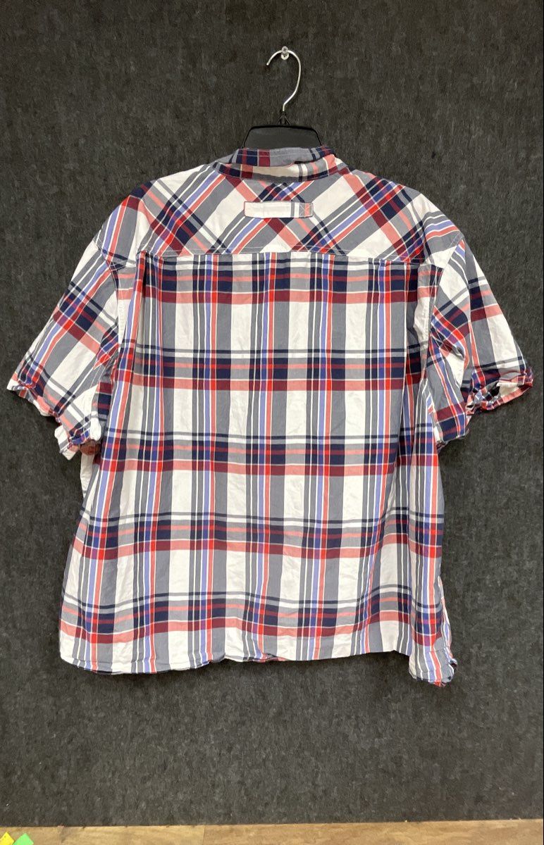 Duluth Trading Co Men's Red White Blue Plaid Short Sleeve Untucked Shirt Sz 2XL