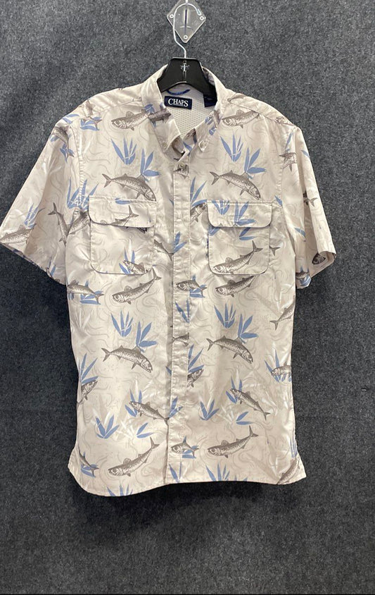 Chaps Men's Beige Short Sleeve Performance Fish Print Fishing Shirt Size M