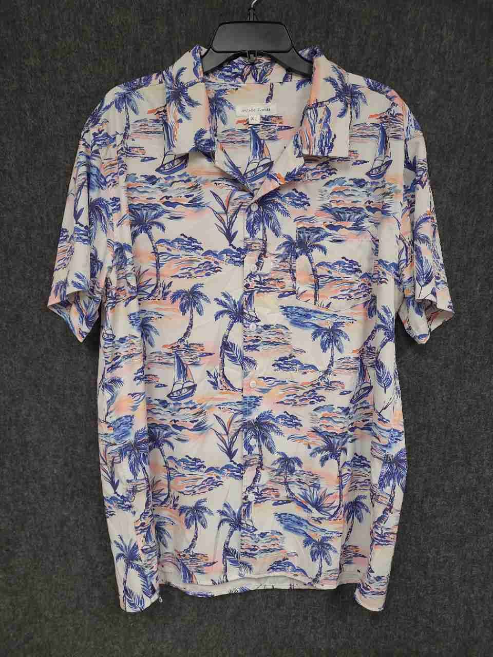 Vintage Summer Tropical Palm Tree Sailboat Print Button Up Shirt Sz XL