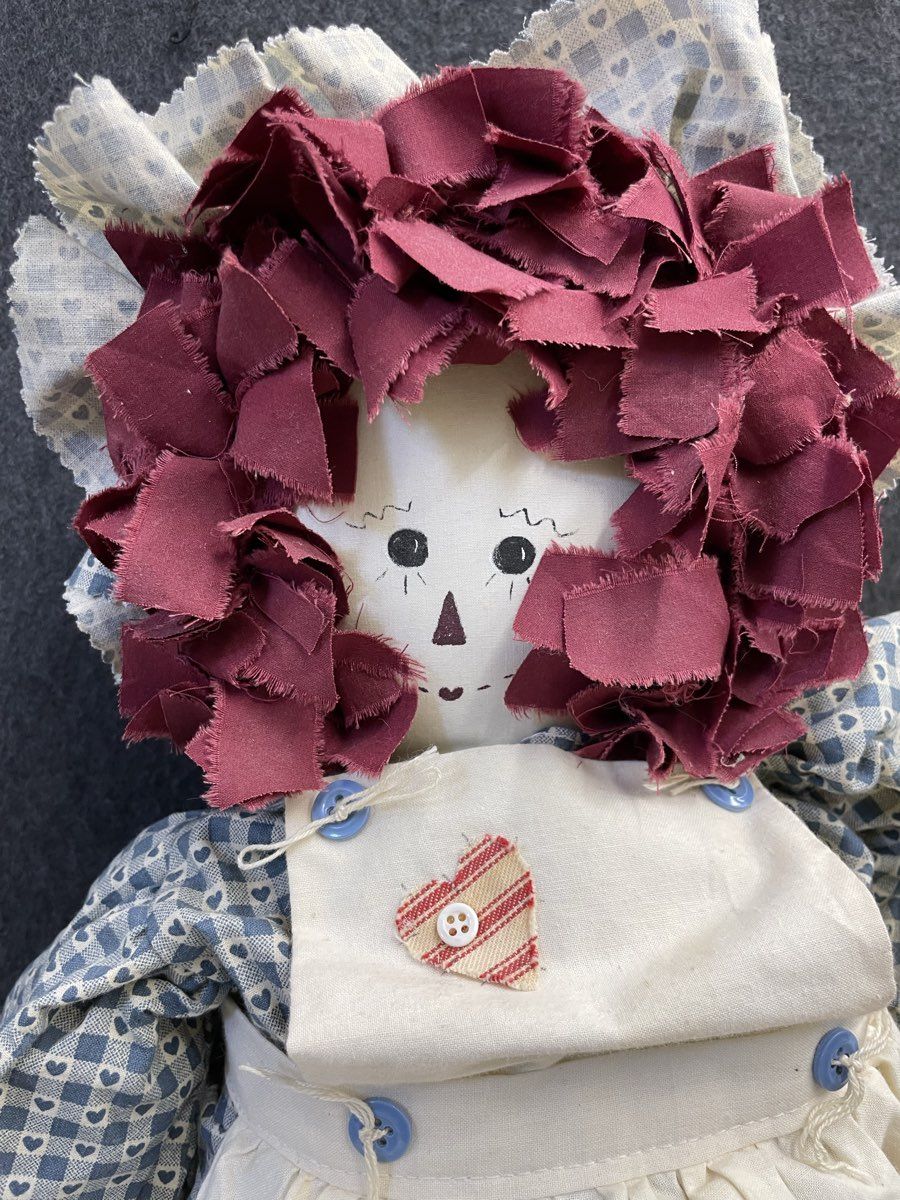 Vintage Handmade Raggedy Ann Style Blue Red Folk Art Primitive Cloth Doll 30"