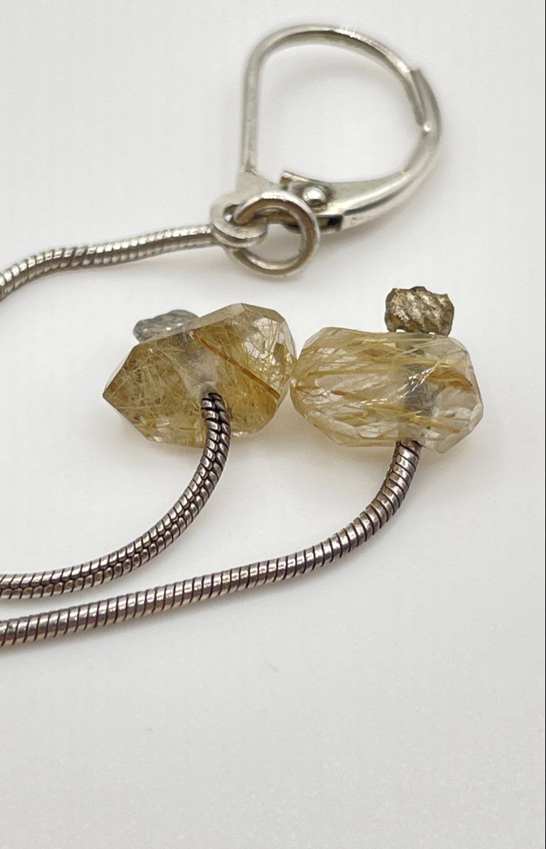 925 Sterling Silver Rutilated Quartz Dangle Leverback Earrings 2g