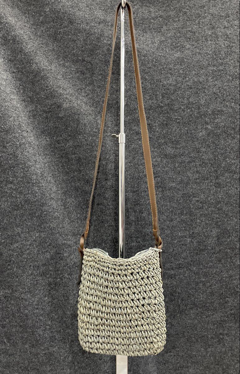 Grey Woven Crochet Mini Crossbody Bag Brown Faux Leather Strap Small
