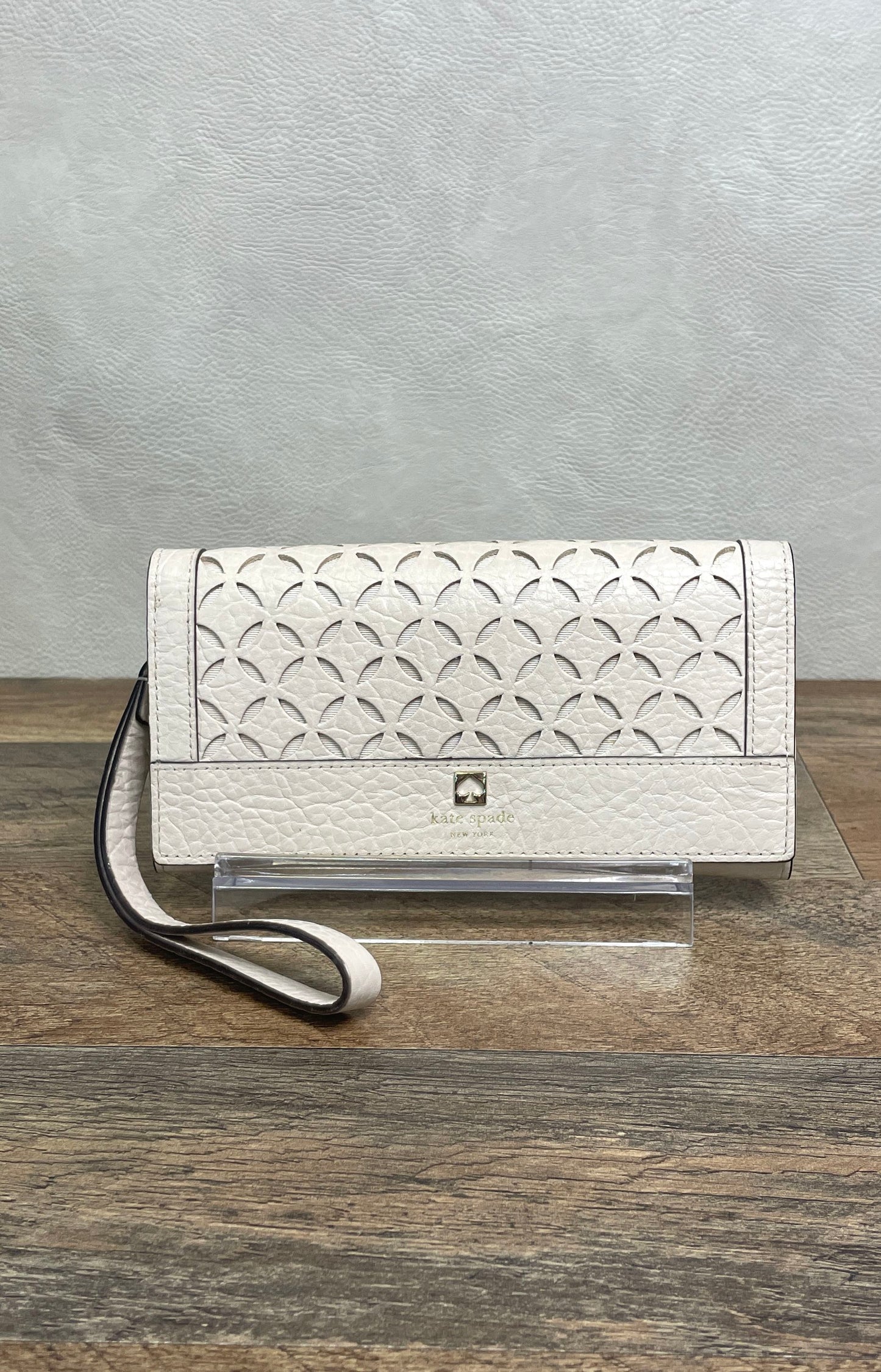 Kate Spade New York Cream Perforated Leather Continental Wristlet Wallet Gold