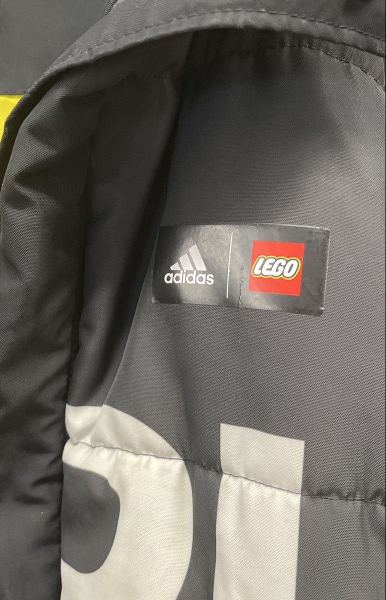 Adidas x LEGO Youth Graphic Puffer Jacket Black Grey Hooded Padded Size M