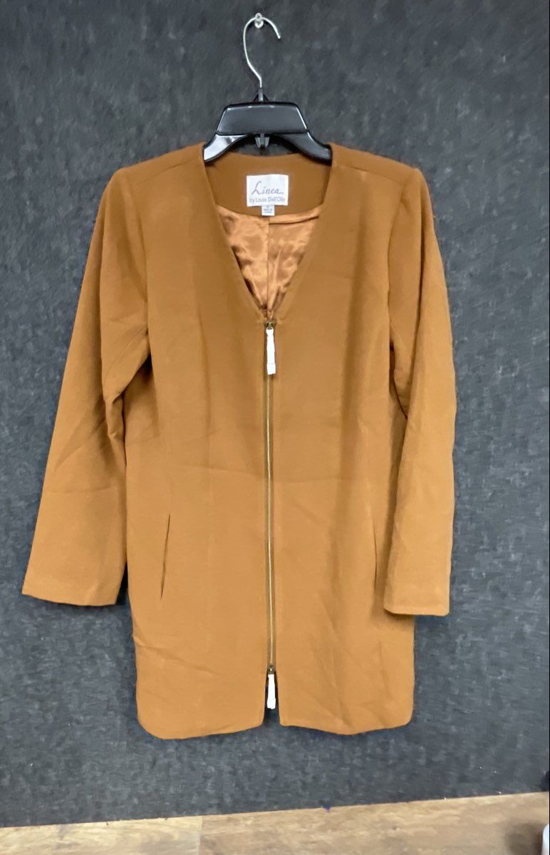 Linea by Louis Dell'Olio Women's Camel Collarless Full Zip Longline Jacket Sz 8