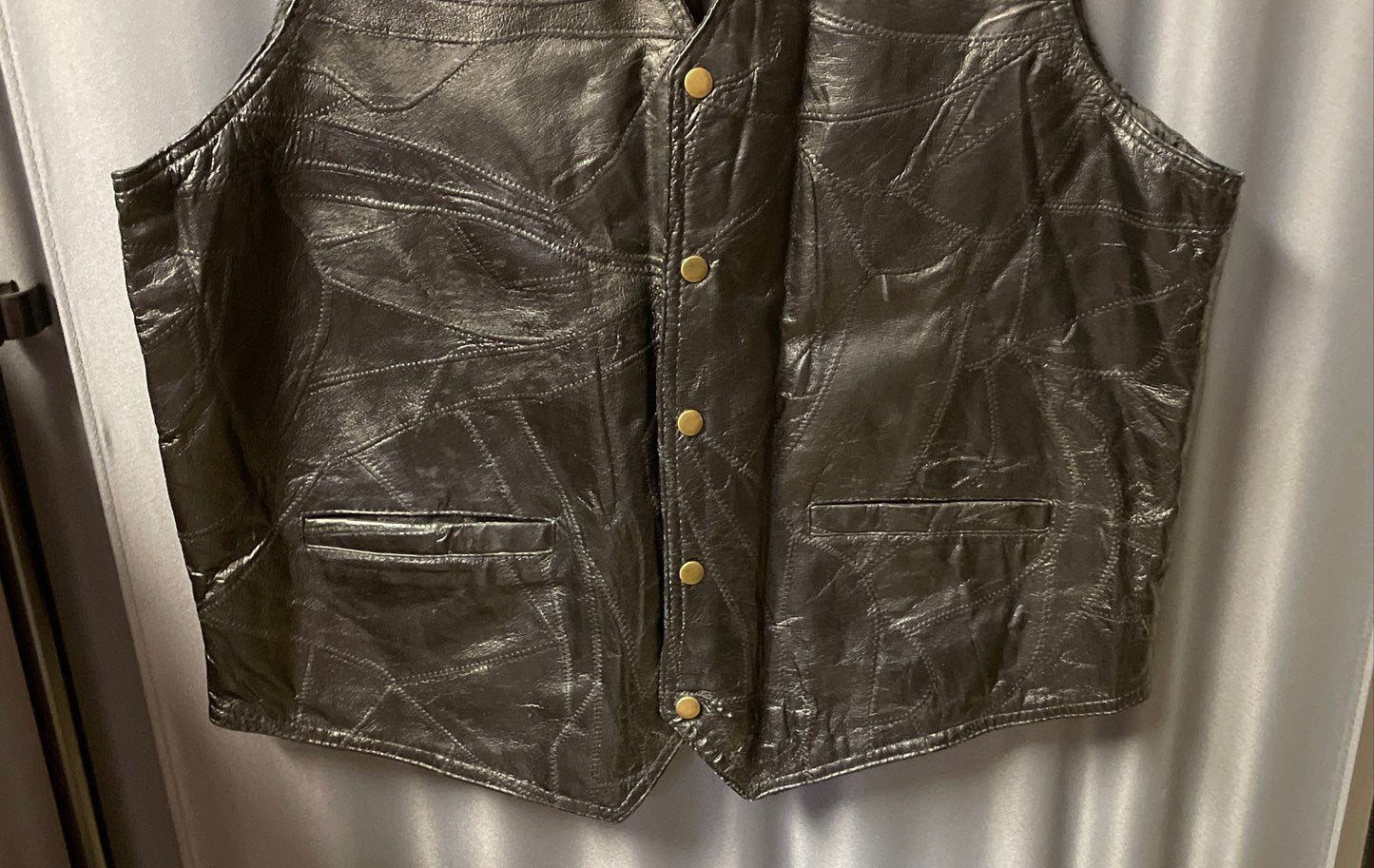 Vintage 90s Navarre Leather Men's Black Patchwork Stone Design Vest Sz 3XL