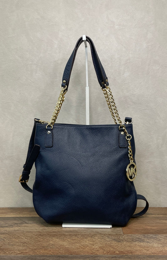 Michael Kors Navy Blue Pebbled Leather Shoulder Bag Gold Chain Link Hardware