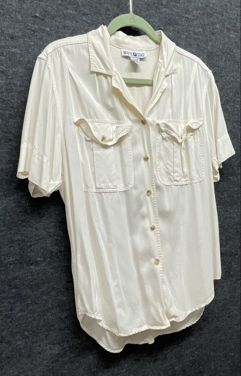 Vintage 90s White Stag Women's Cream Rayon Short Sleeve Utility Blouse Sz M