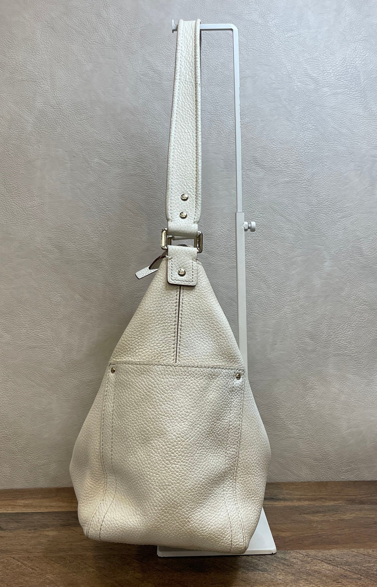 Kate Spade White Pebbled Leather Shoulder Bag Hobo Purse Green Polka Dot Lining