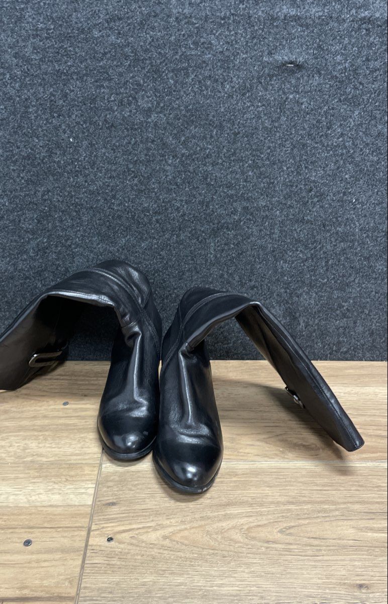 Black Leather Tall Knee High Block Heel Side Zip Boots Women's Size 37