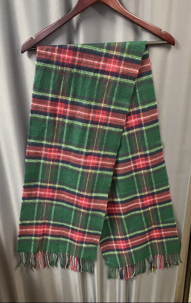 Vintage 90s 100% Cashmere Scarf Made in Scotland Green Red Tartan Plaid Fringed