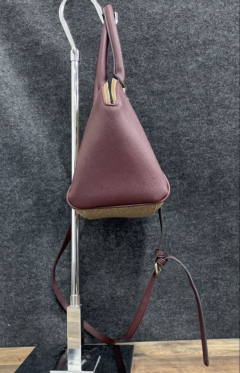 Calvin Klein Cream Maroon Leather Monogram Satchel Purse Crossbody Bag Gold Tone