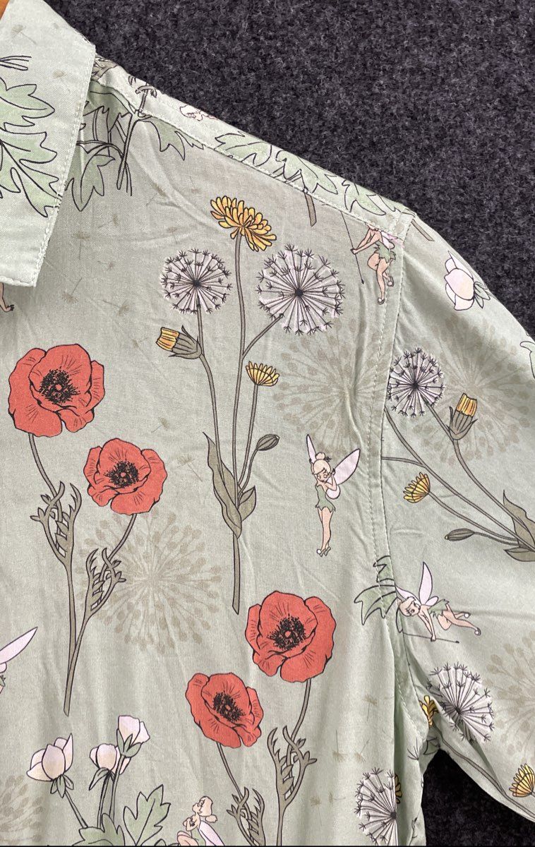 Disney Our Universe Tinker Bell Poppy Floral Rayon Button Up Shirt Sage Sz SM