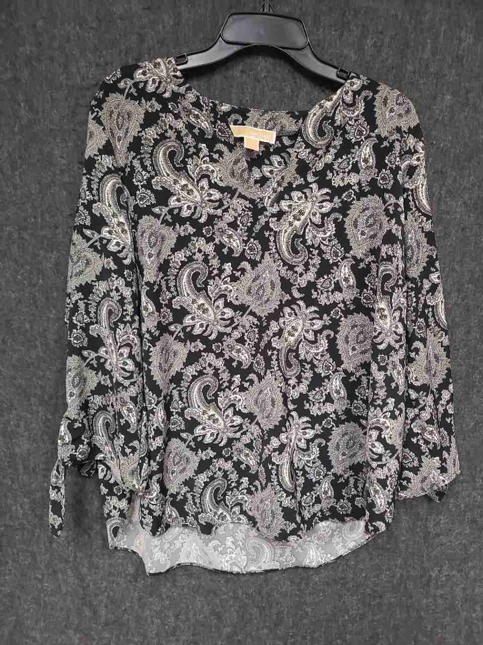 Michael Kors Women's Paisley Tie-Cuff V-Neck Blouse Black Green Sz XL