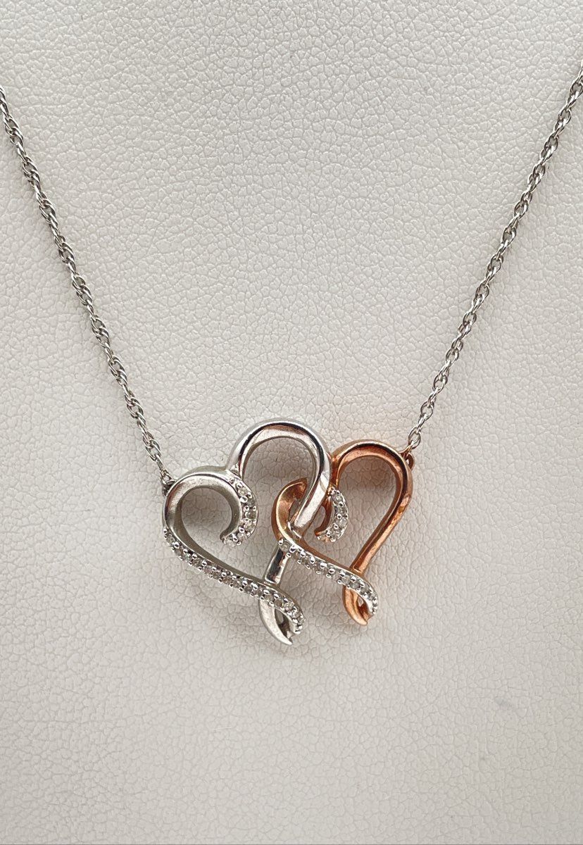 Hallmark 925 Sterling Two-Tone Diamond Accent Double-Heart Pendant Necklace 4.2g