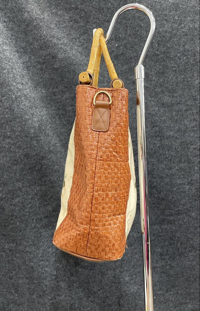 Bueno White Fabric Brown Leather Embroidered Woven Tote Bag Bamboo Handle