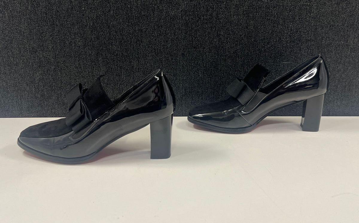 Women's Black Patent Suede Bow Block Heel Loafer Pumps Red Sole Size 8