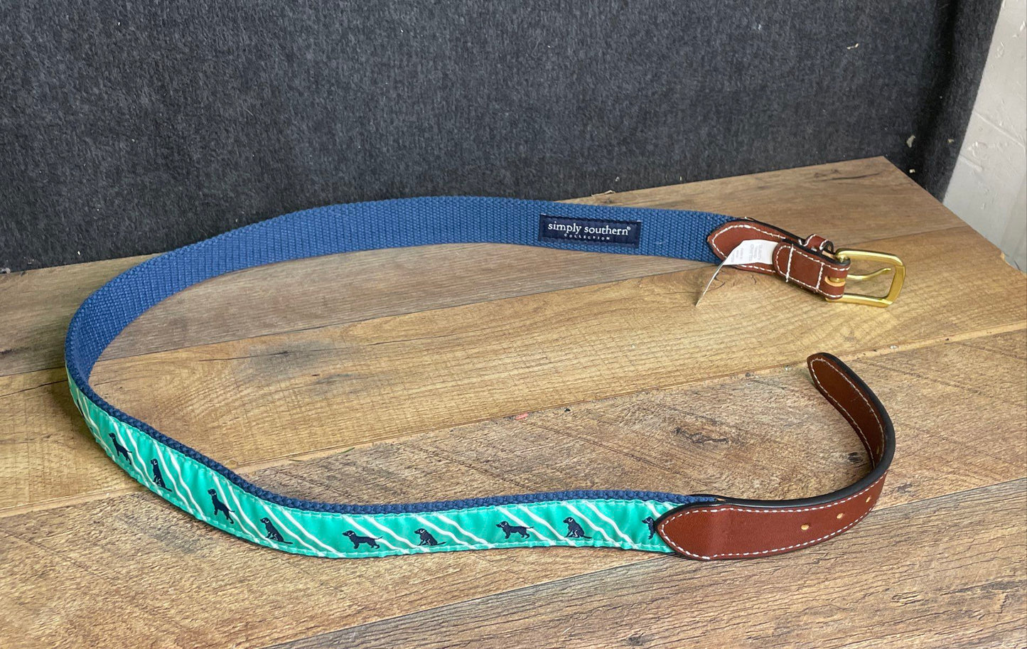 Simply Southern Men's Blue Teal Dog Ribbon Canvas Leather End Belt Sz 36 NWT