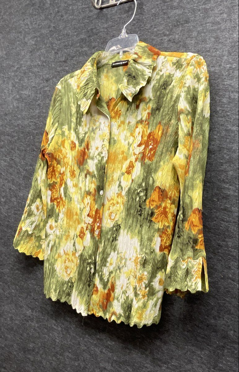 Essentials By Milano Women's Green Yellow Floral Crinkled Pleated Blouse Sz S