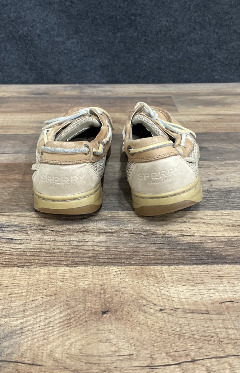 Sperry Angelfish Linen Oat Brown Leather Mesh Boat Shoes Women's Size 7.5