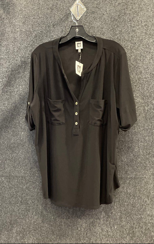 Anne Klein Women's Black Knit Henley Top Chest Pockets Roll-Tab Sleeve Sz 2X NWT