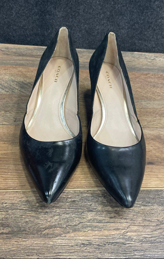 Coach Black Leather Suede Pointed Toe Kitten Heel Pumps Women's Size 9 B