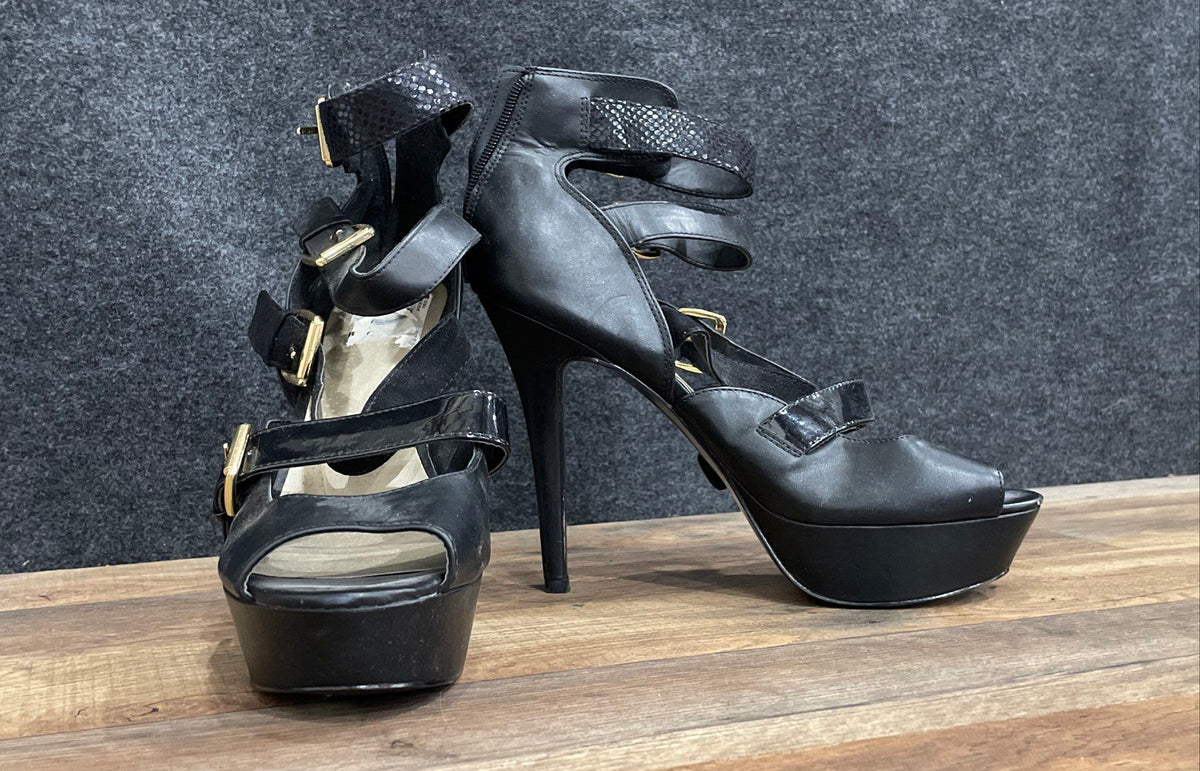 Guess Black Multi Strap Buckle Platform Peep Toe Stiletto Heels Size 10