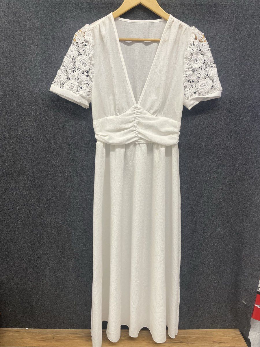 Shein Women's White Short Sleeve V Neck Midi Dress Floral Lace Sleeves Sz S
