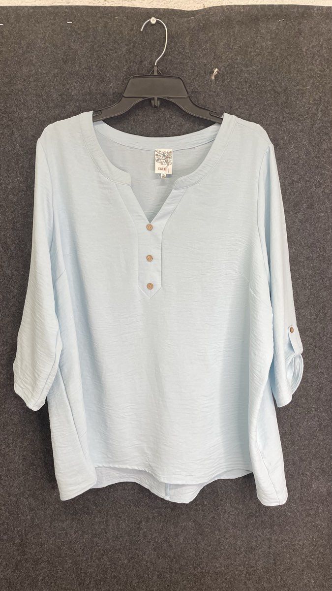 Naif Women's Light Blue Roll Tab Sleeve Split Neck Textured Blouse Top Size 1X