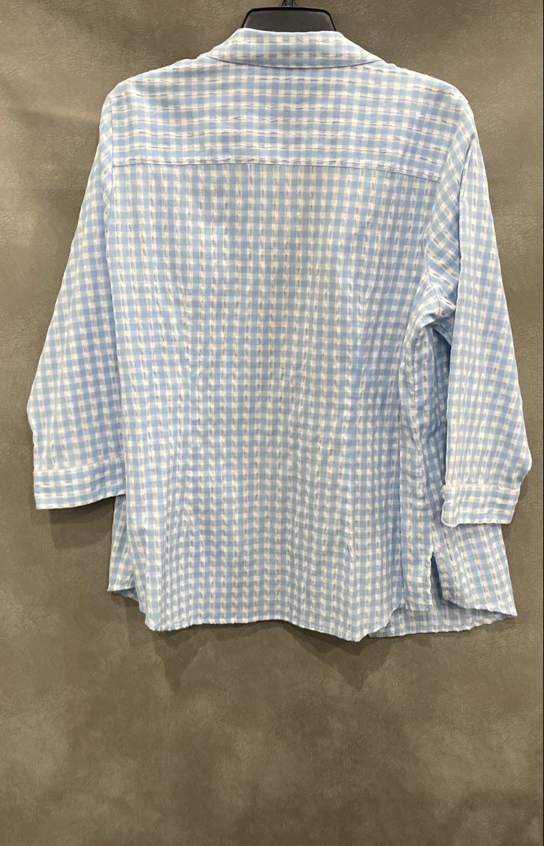 Allison Daley Women's Blue White Gingham Textured 3/4 Sleeve Button Up Shirt 14