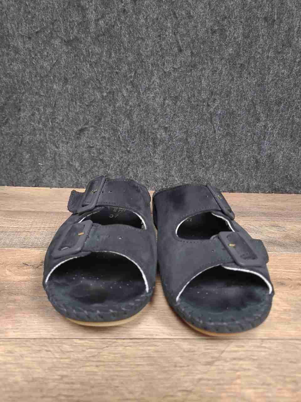 La Plume Black Leather Two-Strap Slide Sandals Made in Italy Size 37