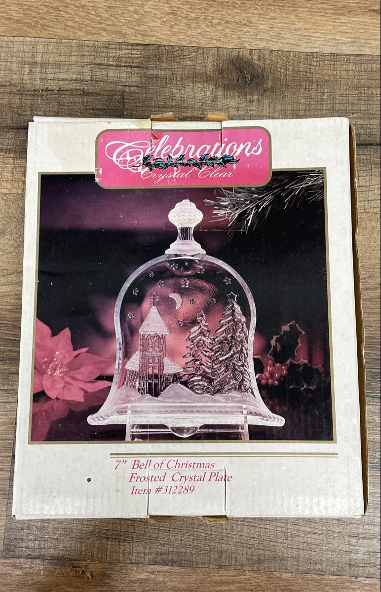 Celebrations Bell of Christmas Frosted Crystal Plate 7" Vintage Church Scene IOB