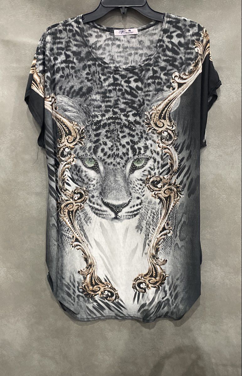Blossom By P Women's Leopard Graphic Rhinestone Studded Dolman Sleeve Gray Top