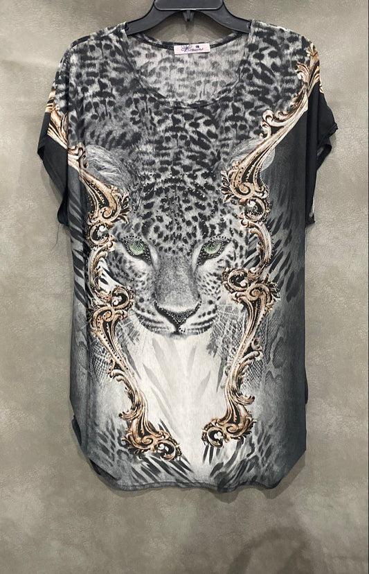 Blossom By P Women's Leopard Graphic Rhinestone Studded Dolman Sleeve Gray Top
