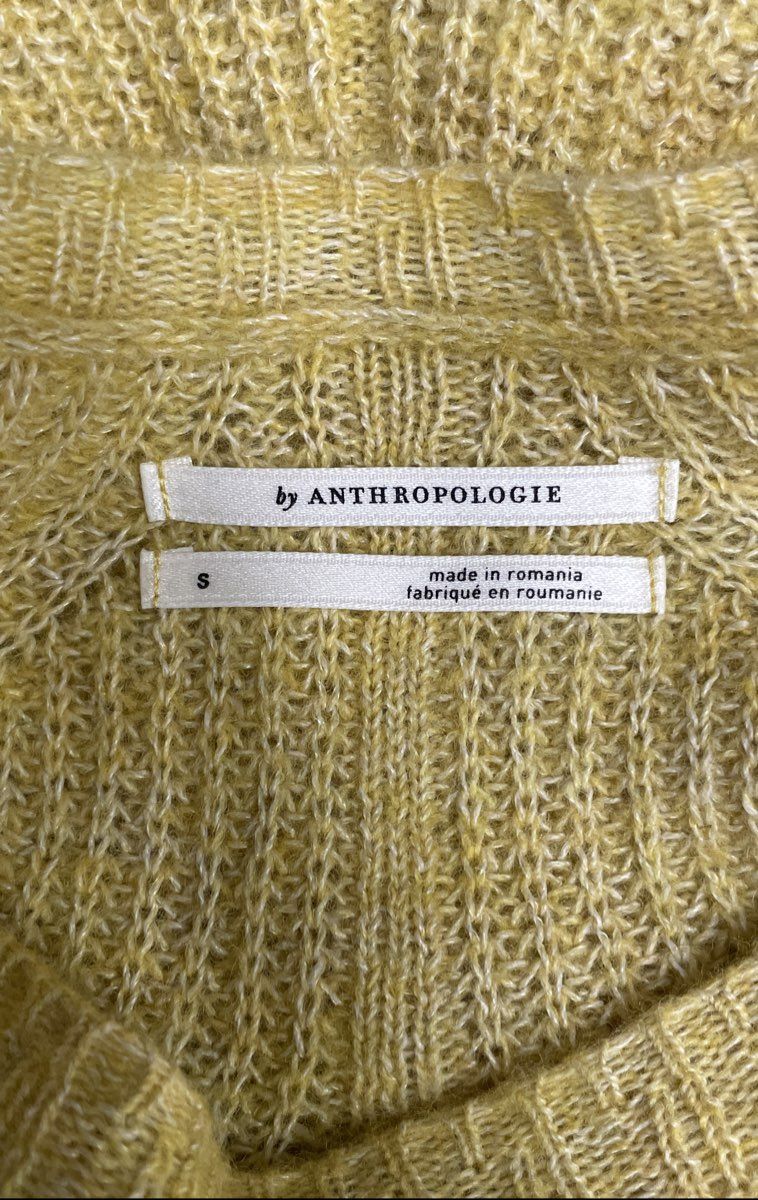 Anthropologie Women's Mustard Yellow Leaf Pointelle Knit Pullover Sweater Sz S